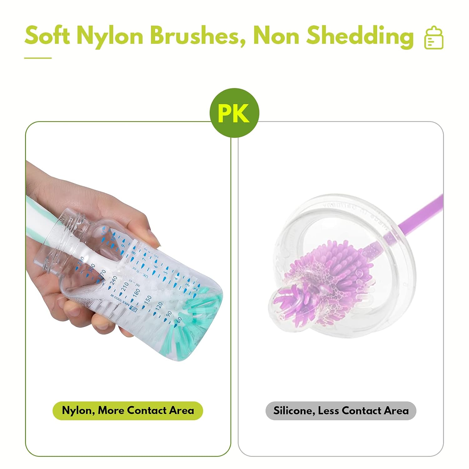 Baby Bottle Brush with One Base Hidden Nylon Nipple Cleaner, 2 Pcs Sponge Nipple Brushes, 2 Pcs Straw Brushes, Bottle Brush with Nipple Cleaner and Suction Cup (Gray)