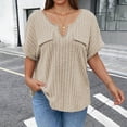 thumbnail image 6 of Plus Size Short Sleeve Tops Women Loose Fit Soft Ribbed Knit Casual V Neck Tunic T-shirts with Faux Pocket (XL, Khaki), 6 of 6