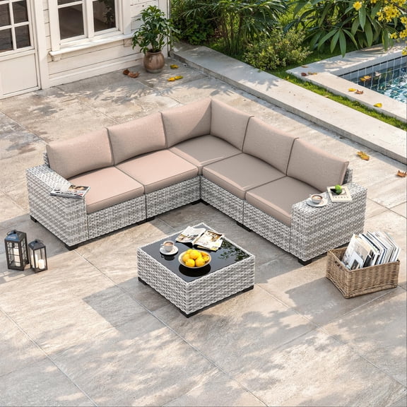 Beige 6pcs Outdoor Wicker Rattan Sectional Patio Furniture Set