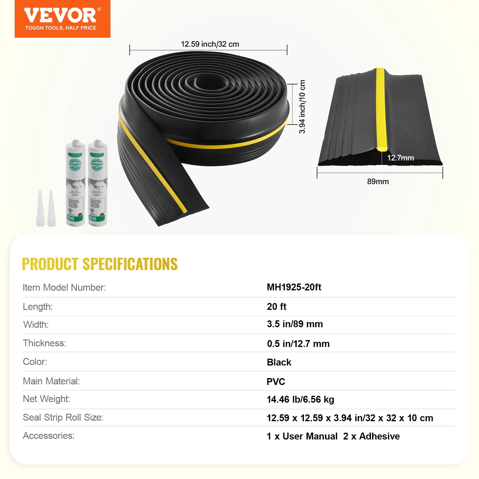 VEVOR Garage Door Threshold Seal Strip, 20 FT Universal Garage Door Floor Seal Strip with Adhesive, Garage Door Bottom Weatherproof Strip, Upgraded Thick PVC DIY Weather Stripping Replacement, Black