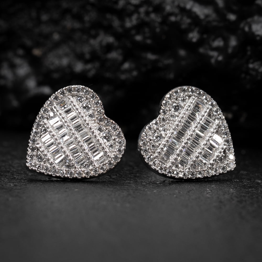 Women’s Cute White Gold 925 Sterling Silver Iced Baguette Heart Stud Screw Back Earrings