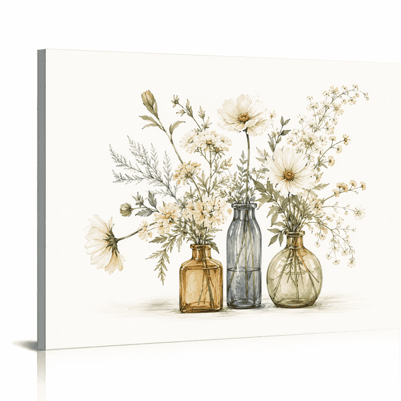 SYVVY 12 x 16 Inch Canvas Wall Art, Watercolor Wildflowers in Three Glass Vases with Neutral Botanical Still Life Decor