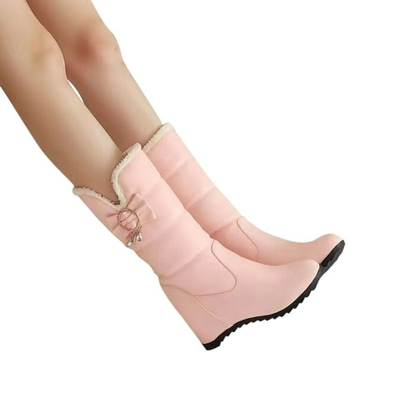 Lovskoo 2024 Women's Wedges Mid Calf Boots Upholstered Mid Length Dressy Warm Thickened Snow Boots Pink