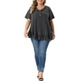 thumbnail image 3 of Agnes Orinda Plus Size T Shirts for Women Henley V Neck Button Up Short Sleeve Ruffled Hem Blouses Tops 3X Dark Gray, 3 of 7