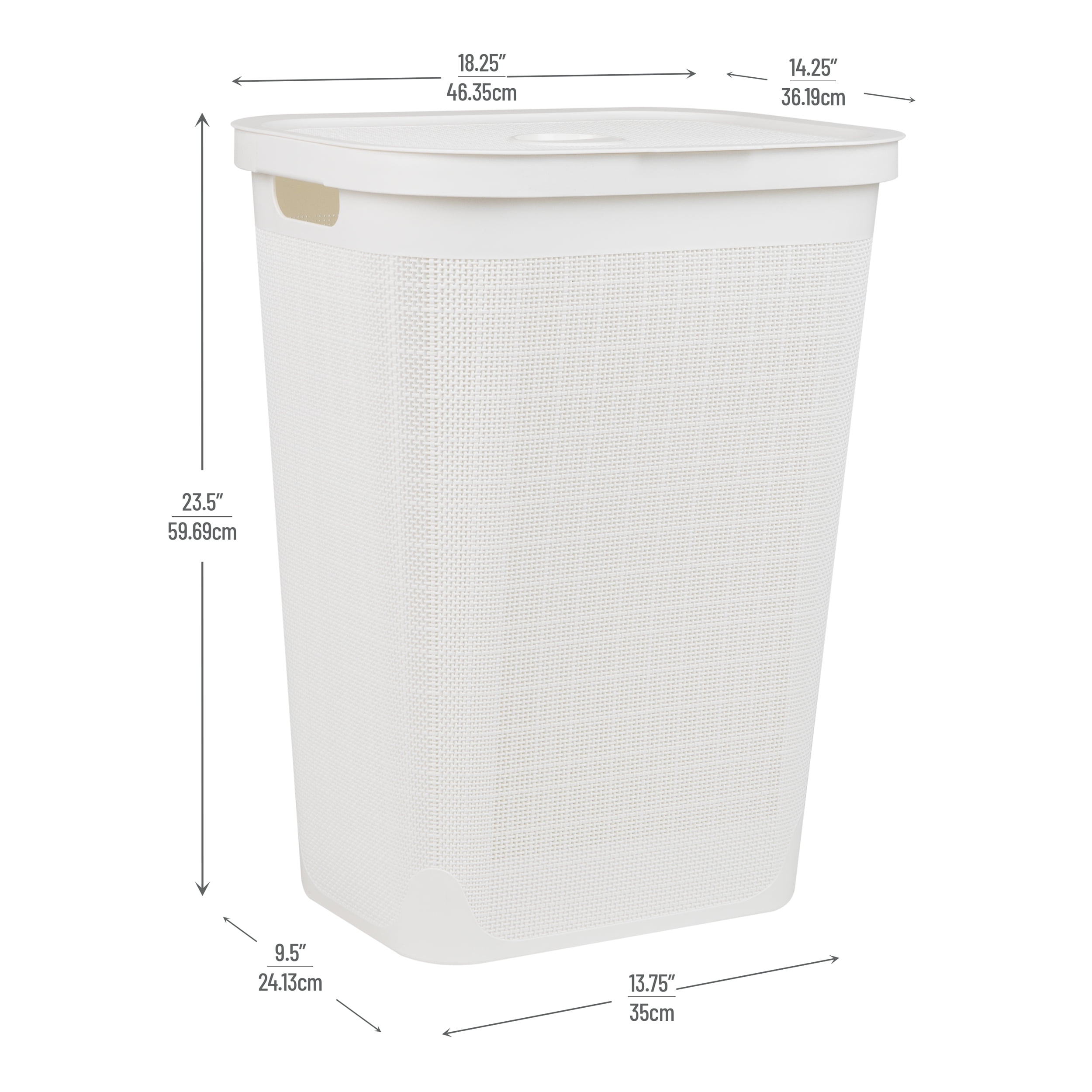 Mind Reader 60L Slim Laundry Hamper, Clothes Basket, Lid, Linen Design, Plastic, White