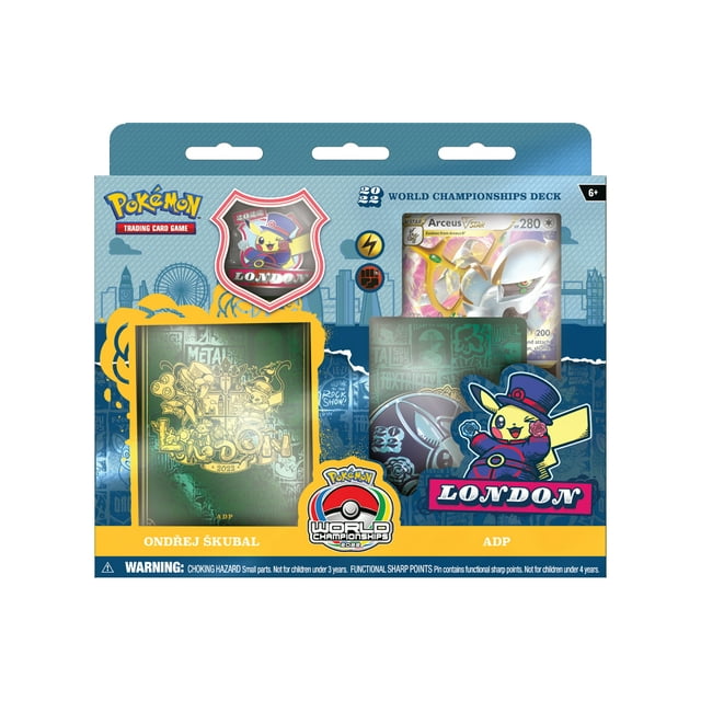 caja cartas pokémon tcg: 2022 word championships en inglés pókemon pókemon Caja de campeonato con ventana frontal, vista centrada que muestra un mazo de 60 cartas con funda holográfica verde, carta promocional visible, tapete de juego enrollado, pin y moneda con emblema "London", póster y folleto del Campeonato Mundial 2022; incluye tarjeta de código para Pokémon Trading Card Game Live.