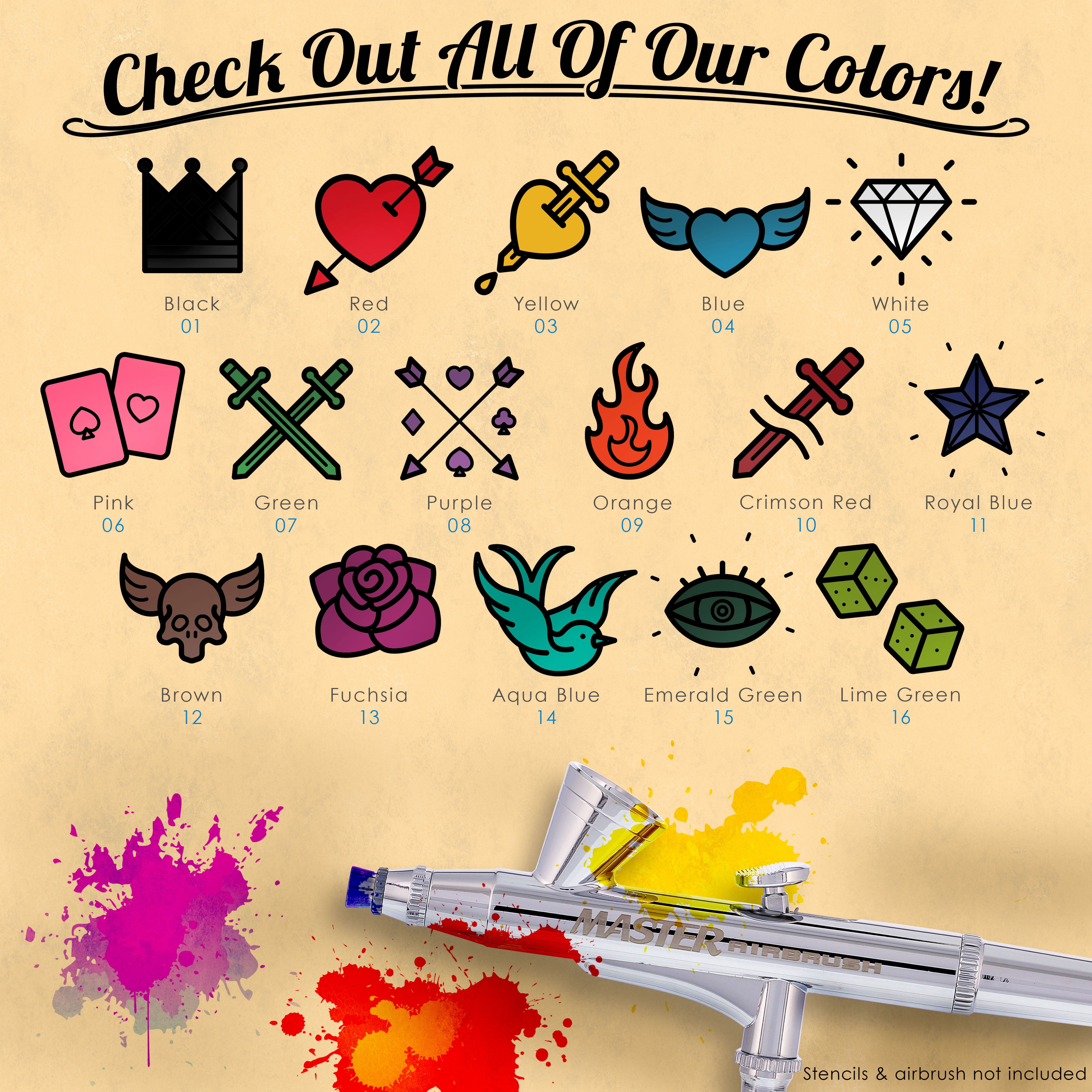 8 Color 1oz Custom Body Art Airbrush Temporary Tattoo Paint Set Ink Kit Stencil