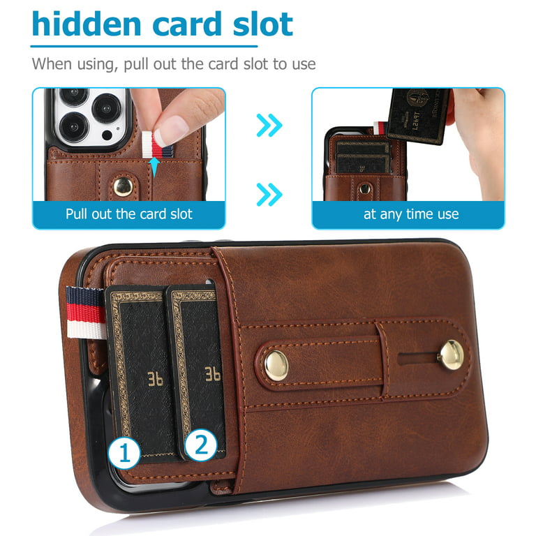 Elehold Luxury Leather Hand Strap Card Slot Case Compatible with iPhone 14 Plus 6.7 inch with Card Slot Shockproof Kickstand Lanyard for iPhone 14