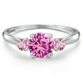 thumbnail image 3 of Gem Stone King 10K White Gold Pink Created Sapphire and Pink Lab Grown Diamond 3-Stone Ring for Women | 1.26 Cttw | Round 6MM | Gemstone September Birthstone | Size 5, 3 of 6