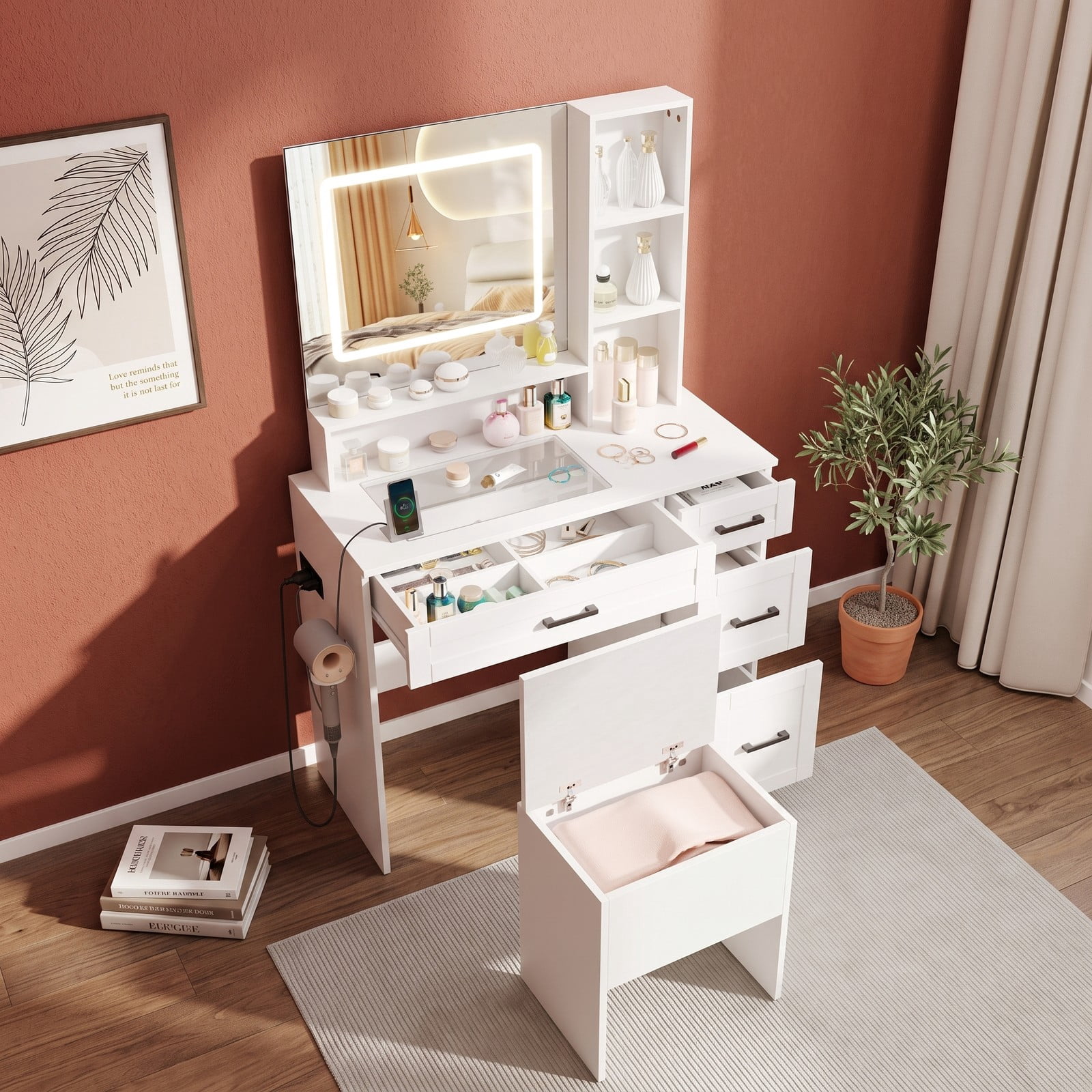 Furnibear Vanity Desk with Lighting and Hair Dryer Stand, Makeup Vanity Table with 3 Color Modes, Charging Station, 4 Drawers and Cushioned Stool, White