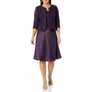 Alex Evenings Tea Length Jacket Dress with Lace Open Jacket and Tank with Satin Skirt (Womens, Eggplant, 16)