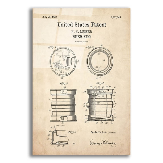 Epic Art 'Beer Keg Blueprint Patent Parchment,' Acrylic Glass Wall Art, 16"x24"