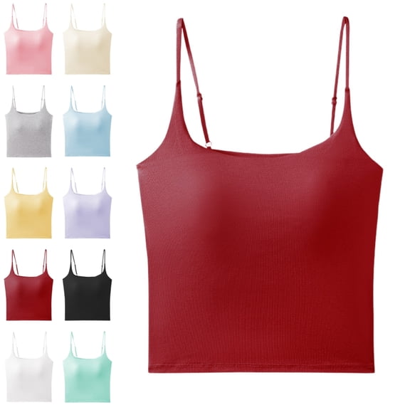 Bmisegm Built in Bra Tank Tops for Women Elegant Solid Color Sleeveless Camisole Slim Straps Relaxed Fit Seamless Back Layering Summer Womens Casual Tops Red M