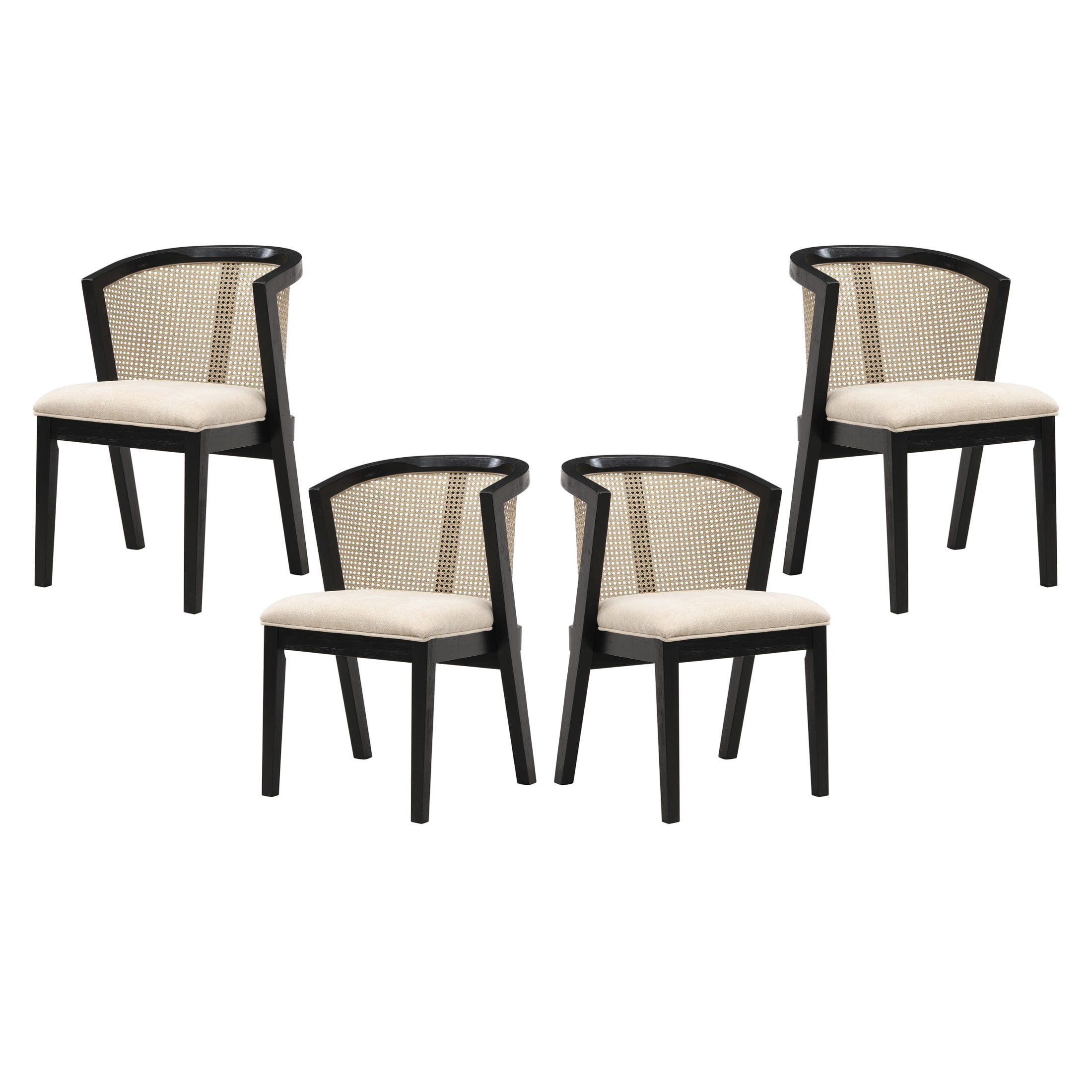Christopher Knight Home Wood Dining Chairs with Cane Rattan Backrest, Black+Beige, Set of 4