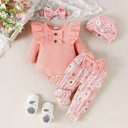 

Hbdhejl Outfit Set For Girls Boys Toddler Baby Outfits New To Long Sleeve Printing Print Pants Hat Headband 4Pcs Set Fall Pink 0-3 Months
