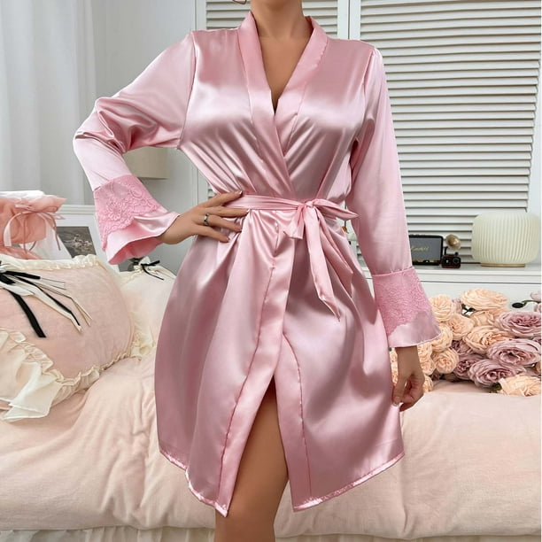 Karight Women's Satin Robes Ruffled Sleeve Silk Robe Short Kimono Bride Bathrobes Lace Trim Loungewear with Pockets