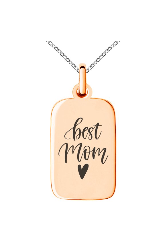 Gold Plated Stainless Steel Best Mom & Heart Small Rectangle Dog Tag Charm Pendant Necklace