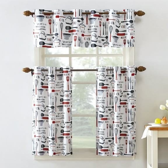 Mainstays 3-Piece Semi Sheer Rod Pocket Kitchen Window Tier Pair and Valance, 2 Café Curtains and 1 Curtain Valance, Red Bistro Print, 54"W x 36"L