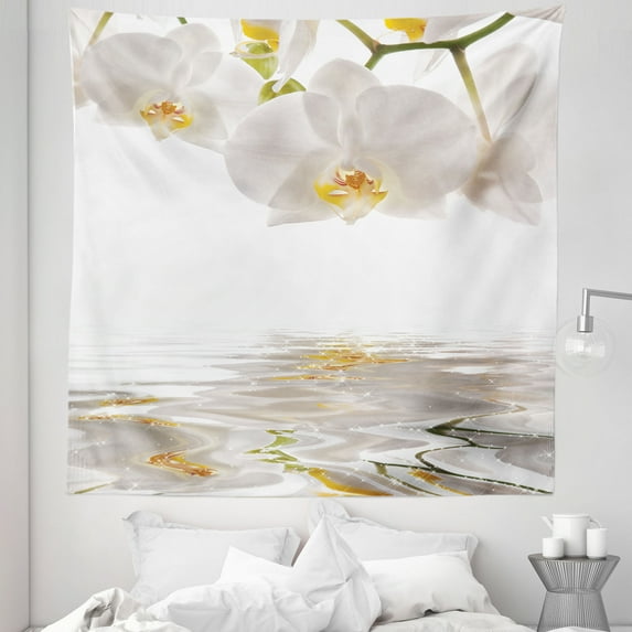 Flower Tapestry, Pure Romantic Orchids Branch on Rippling Water Print, Fabric Wall Hanging Decor for Bedroom Living Room Dorm, 5 Sizes, Off White Orange, by Ambesonne
