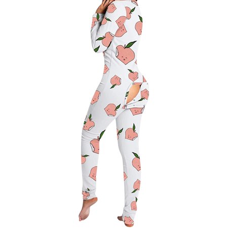 

Womens Butt Flap Jumpsuit Long Sleeve V Neck Bodycon Romper Pajamas Sleep Night Wear Onesie