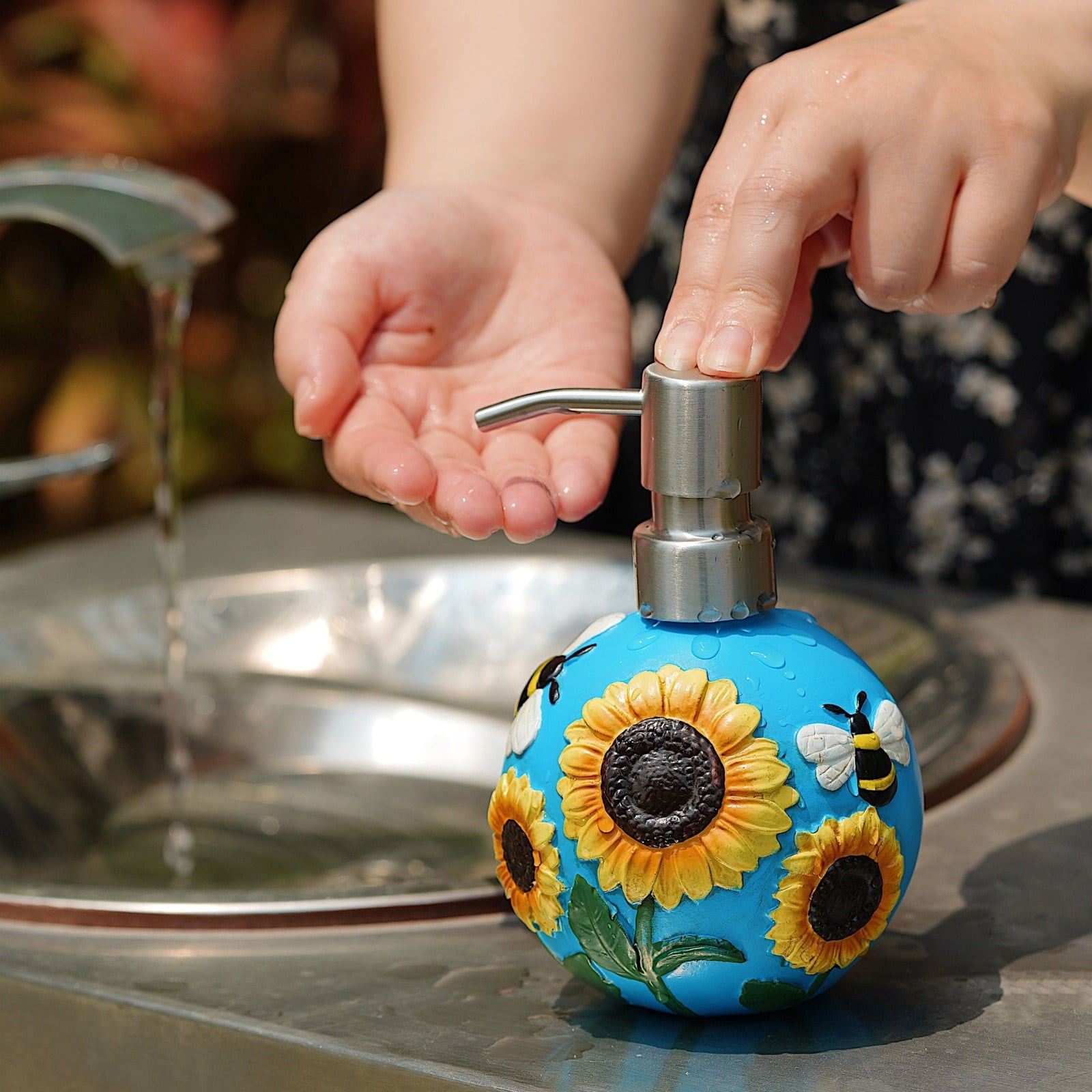 WiMiFar Soft Touch Resin Sunflower Nautical Sunflower 12 oz Free Standing Soap & Lotion Dispenser