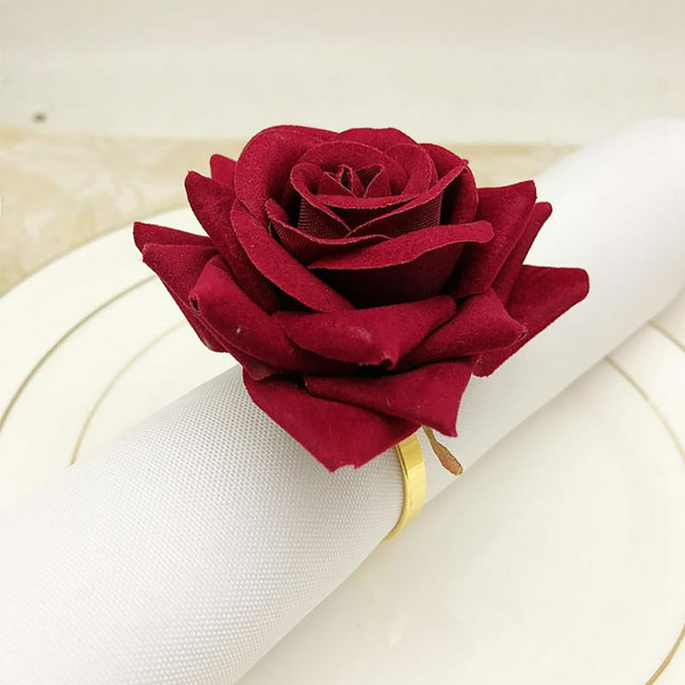 Farfi 6Pcs Red Rose Shape Towel Buckle Napkin Ring Wedding Party