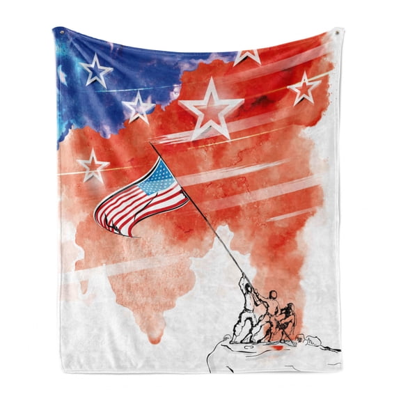 4th of July Soft Flannel Fleece Throw Blanket, Watercolor Artwork of a Historical Scene Planting the American Flag Design, Cozy Plush for Indoor and Outdoor Use, 60" x 80", Multicolor, by Ambesonne