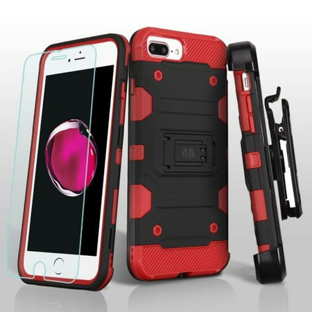 - Apple iPhone 7 Plus Case - Wydan Shockproof Heavy Duty Holster Kickstand Storm Phone Cover w/ Tempered Glass Screen Protector Black on Red