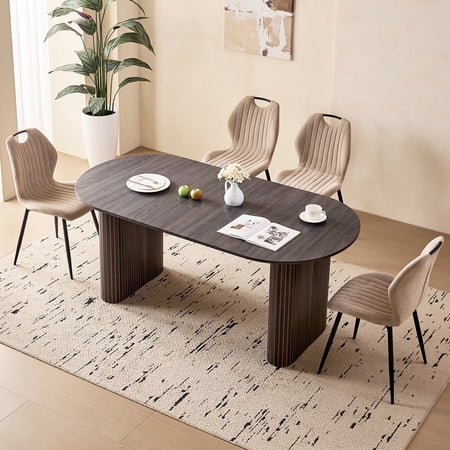 71 Large Dining Table Set for 4 Rounded Corners Farmhouse Modern Rectangle Wood Kitchen Table with Fabric Wingback Dining Chairs for Living Room Apartment Waiting Room