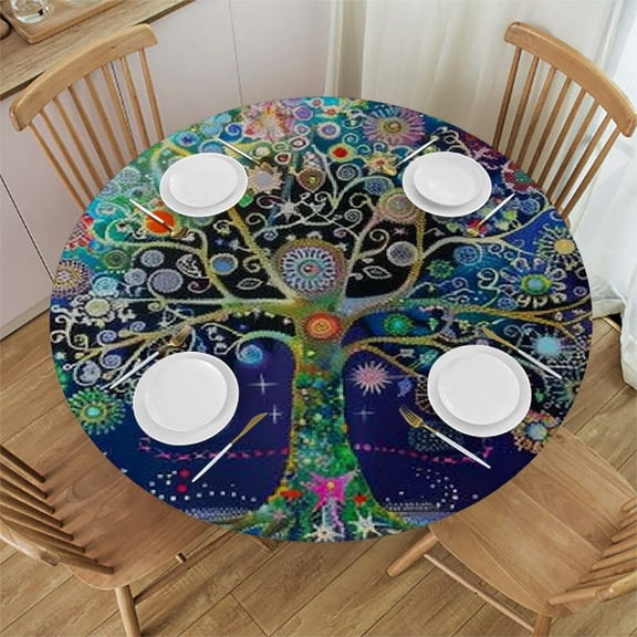 BCIIG Tree of Life Stars Circles Round Table Cover Stain Resistant Washable Indoor Outdoor Tablecloth Kitchen Dining Wedding Parties 100% Polyester Fiber 31-35