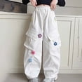 thumbnail image 2 of Crunowin Girls Cargo Pants, Retro Multi Pockets Elastic Waist Floral Patch Wide Leg Pants Size 12, 2 of 10
