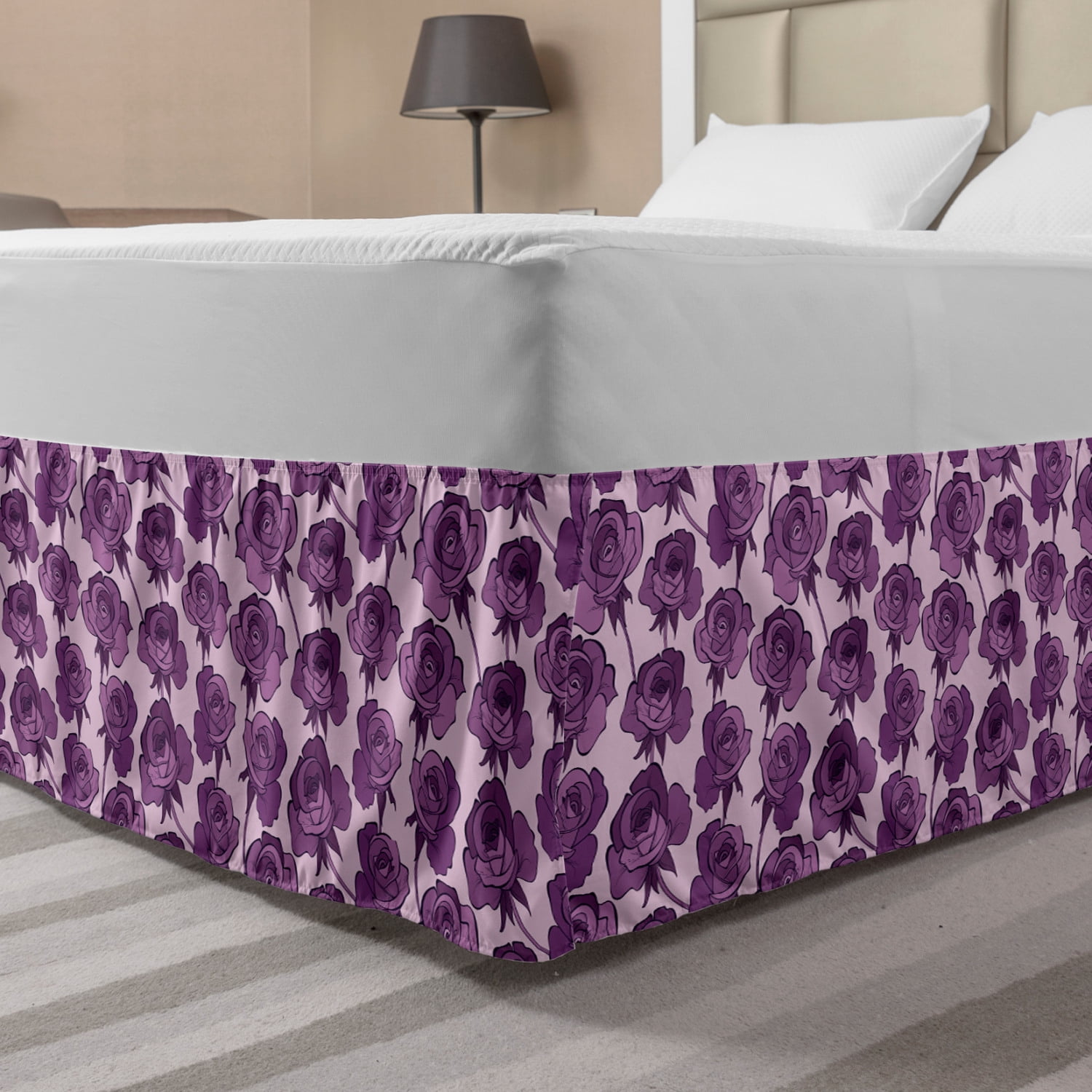 Floral Bed Skirt, Romantic Roses Continuous Violet Lilac Tones Pattern