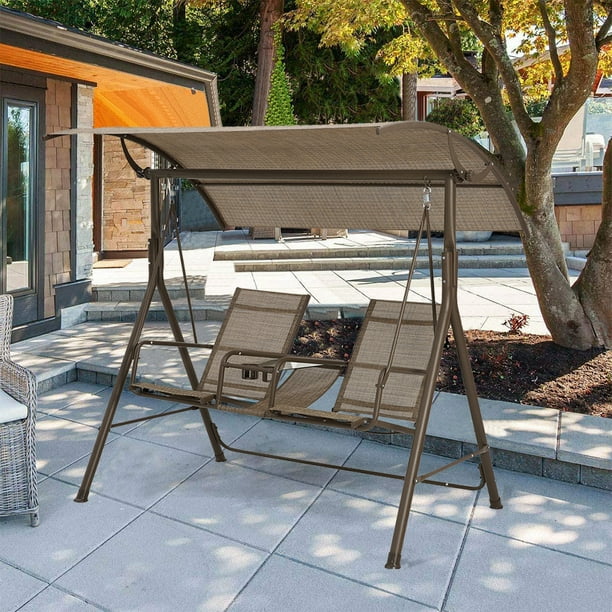 Outdoor Patio Swings For S 2 Person Porch Swing With Canopy Cup Holder Textilene Seats Weather Resistant Convertible Chair Garden Brown R4078 Com Outdoor Patio Swings For S 2, Outdoor Porch Swings Furniture