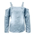 thumbnail image 4 of Umfun Tops for Women Cold Shoulder Denim Look Blouse Long Sleeve Casual Pullover Top with Buttoned Strap Details Loose Fit Tunic Shirt for Fall Winter Vacation Daily Wear, 4 of 8