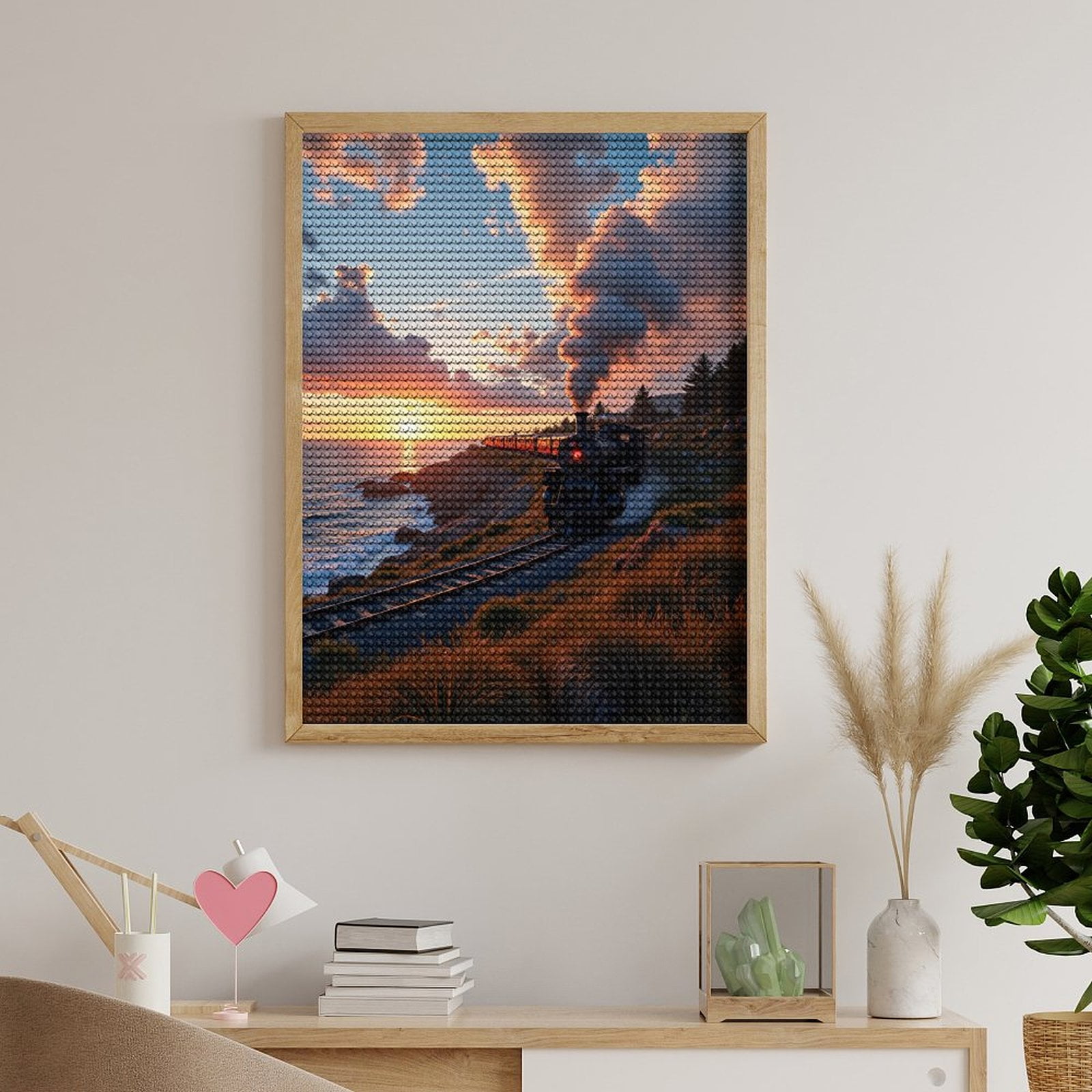 Diamond Art Kits for Adults, Train Sunset Coastal Landscape Scenery 5D Diamond Painting Kits for Adults Beginners, DIY Full Drill Diamond Painting, Gem Art and Crafts 12x16