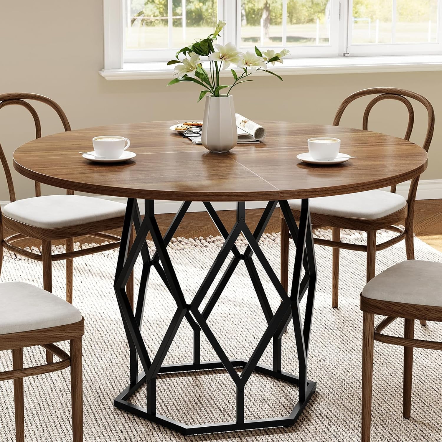 M optimized Round Dining Table for 4-6 People, 47" Farmhouse Kitchen Table, Modern Circle Dinner Table with Sturdy Base, Industrial Wood Dinning Room Table for Kitchen
