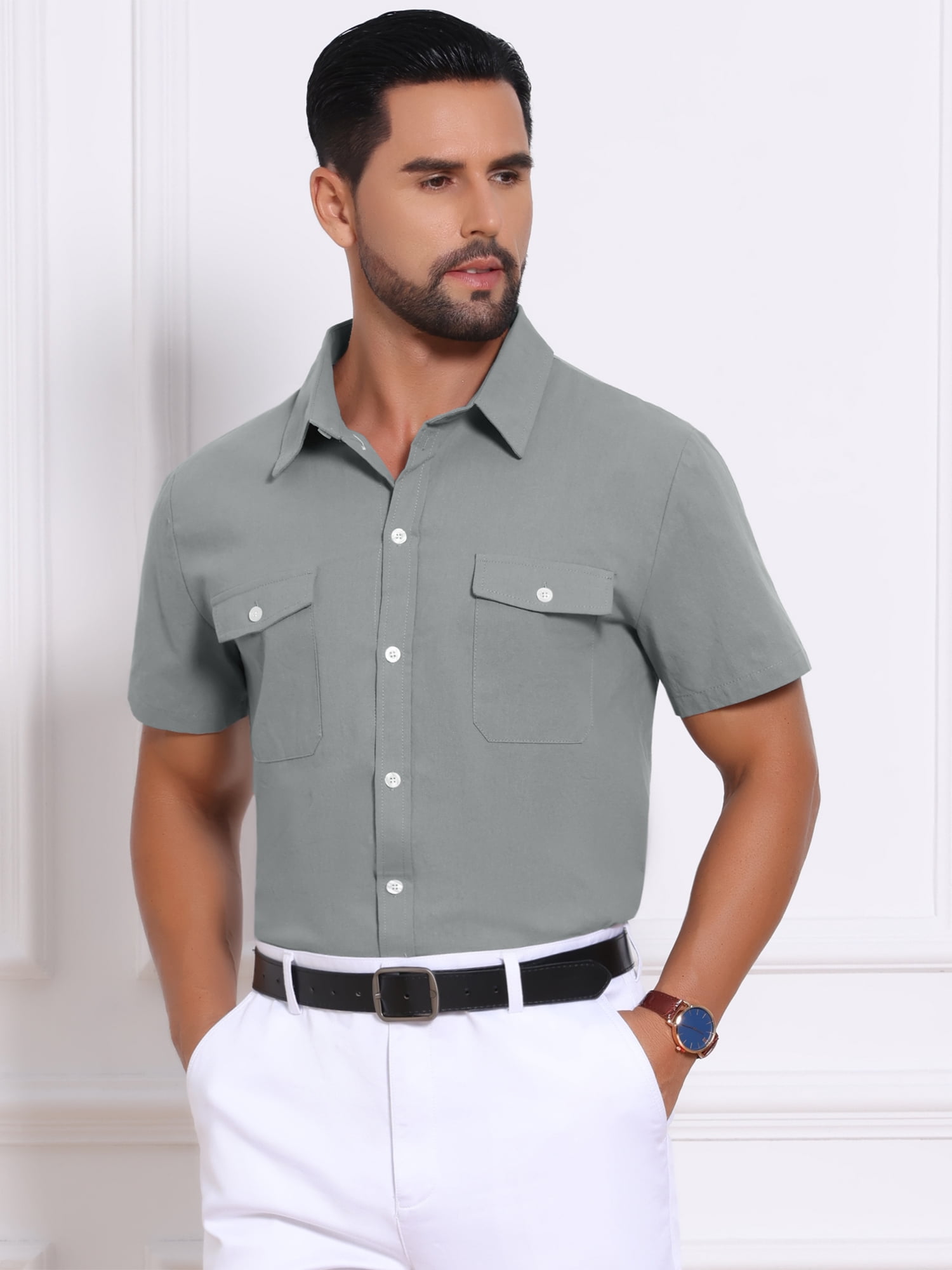 DARING DIVA Men's Linen Chest Pockets Short Sleeves Button Down  Shirt XL Gray