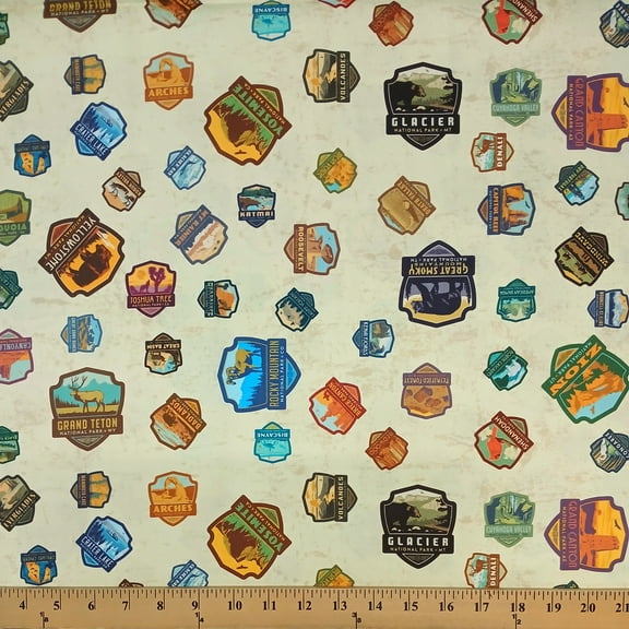 Cotton National Parks Riley Blake Designs Badges Symbols Names Locations Travel Adventure Cream Cotton Fabric Print by the Yard (C8782-CREAM)
