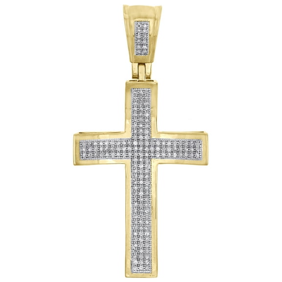 10K Yellow Gold Diamond Concave Dipped Cross Pendant 2" Mens Pave Charm 7/8 CT.
