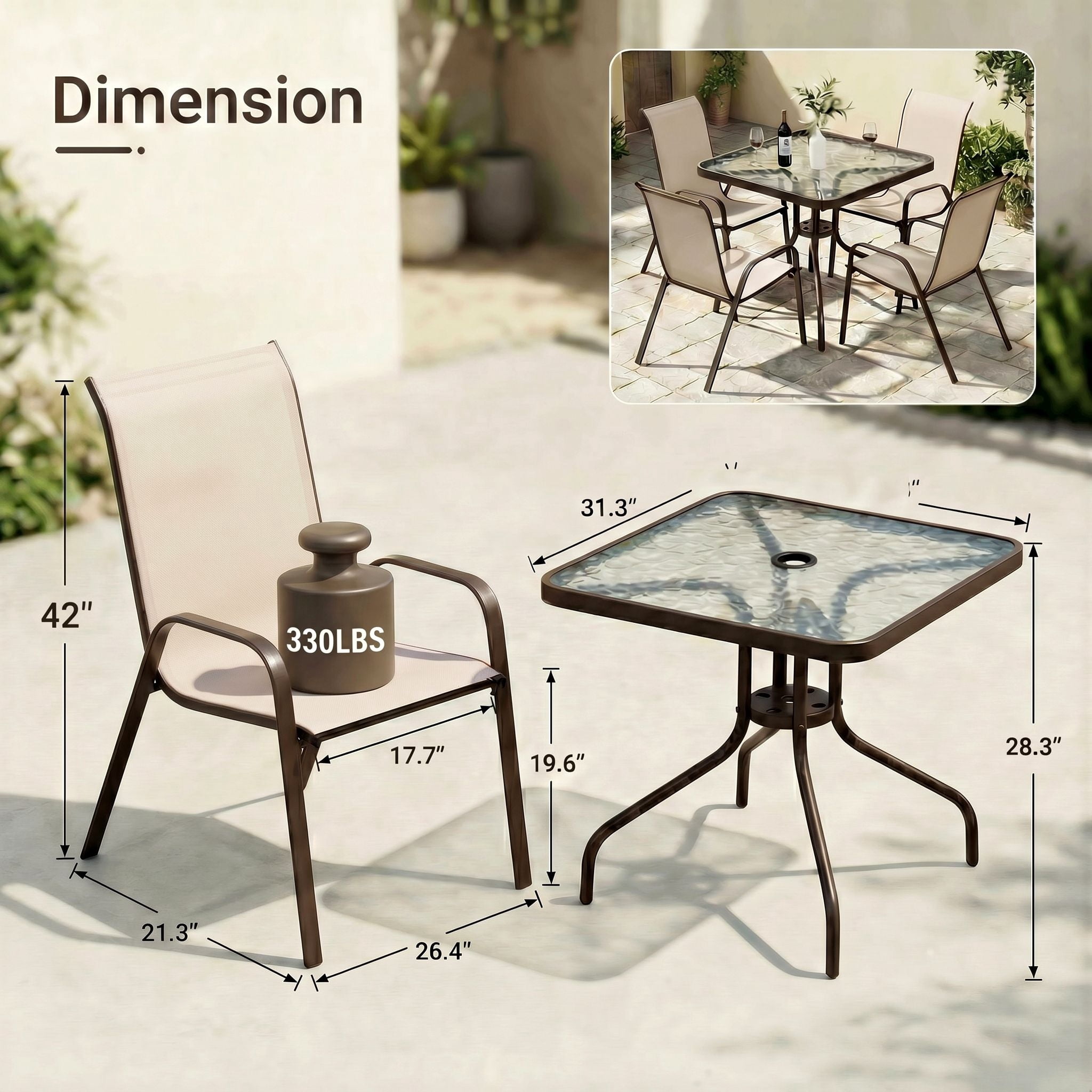 TLSUNNY Patio Furniture Set on Sale, Outdoor Dining Set of 5, Square Glass Table with Umbrella Hole and 4 Stackable Textilene Chairs, for Patio, Backyard, Porch, Lawn