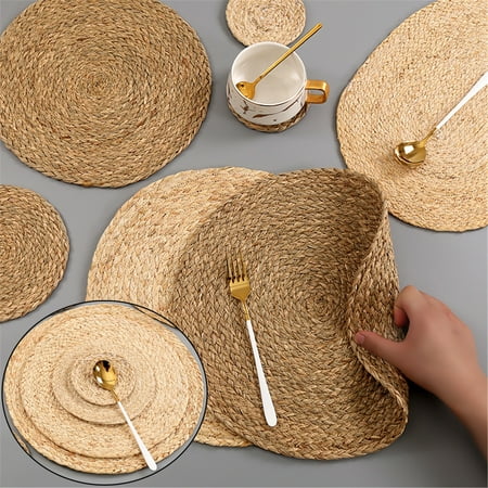 

Walbest Corn Straw Woven Placemat Round Rattan Dining Table Mat Heat Insulation Pad Natural Water Grass Weave Handmade Placemat Coaster Mat