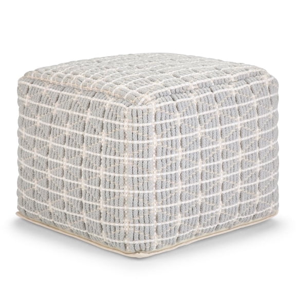 Simpli Home Noreen 18 inch Wide Boho Square Pouf in Light Blue and White Handwoven Cotton