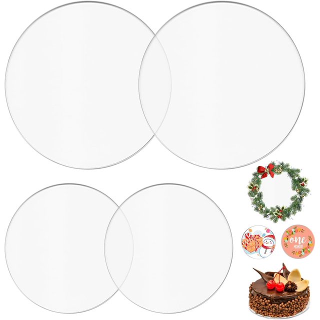 4 Pcs Disque Gâteau Acrylique Pâtisserie - 15 cm et 20 cm, Plateau Gâteau Disques Ronds, Plateau Transparent Réutilisable, Plateau Rond Socle Plastique pour Gâteau de Crème Service de Gâteaux