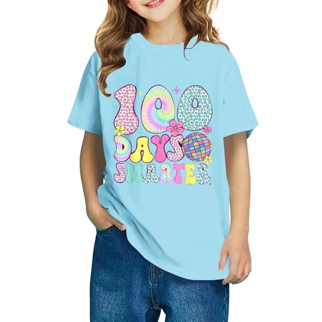 Fiudx Camiseta para Niños, Mezcla de Poliéster Suave, Cuello Redondo, Manga Corta, Cómoda, Informal, para Uso Diario, para Niños y Niñas, Diseño "100 Días de Clases", para Usar En Las Cuatro Estacion