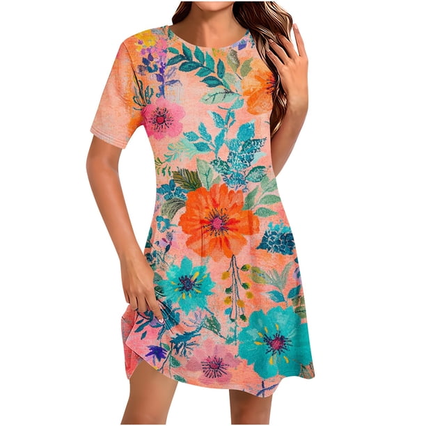 Vestido Corto para las Mujeres Cuello Redondo Manga Corta Impresa Suéter, Moda Casual Estilo Línea