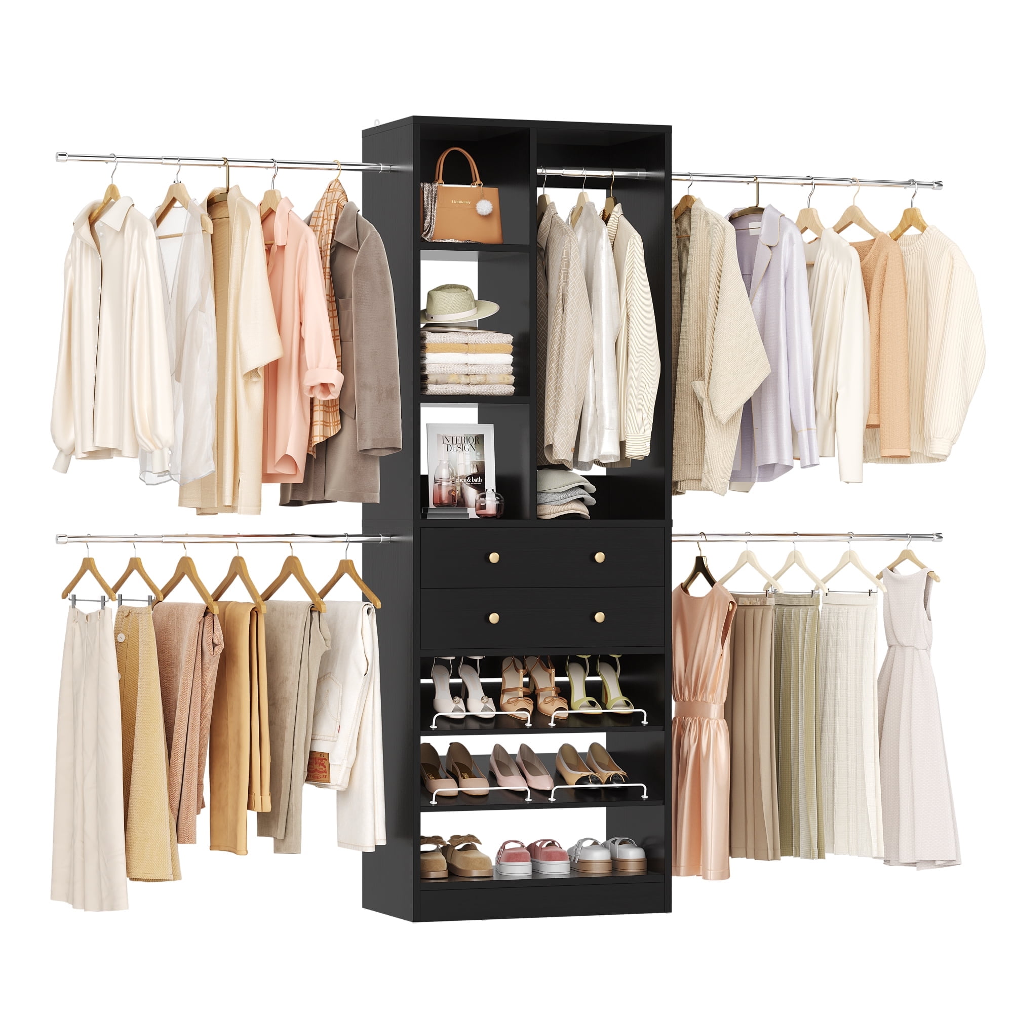 Homieasy Closet System, 2.4–8.8 FT Closet Organizer System with 2 Drawers, 5 Hanging Rods and Shoe Racks for Walk-in Closet, Bedroom, Black