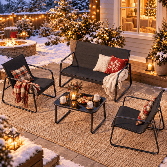 Gizoon 4-Piece Outdoor Wicker Patio Furniture Set, Loveseat and 2 Chairs with Coffee Table, Black