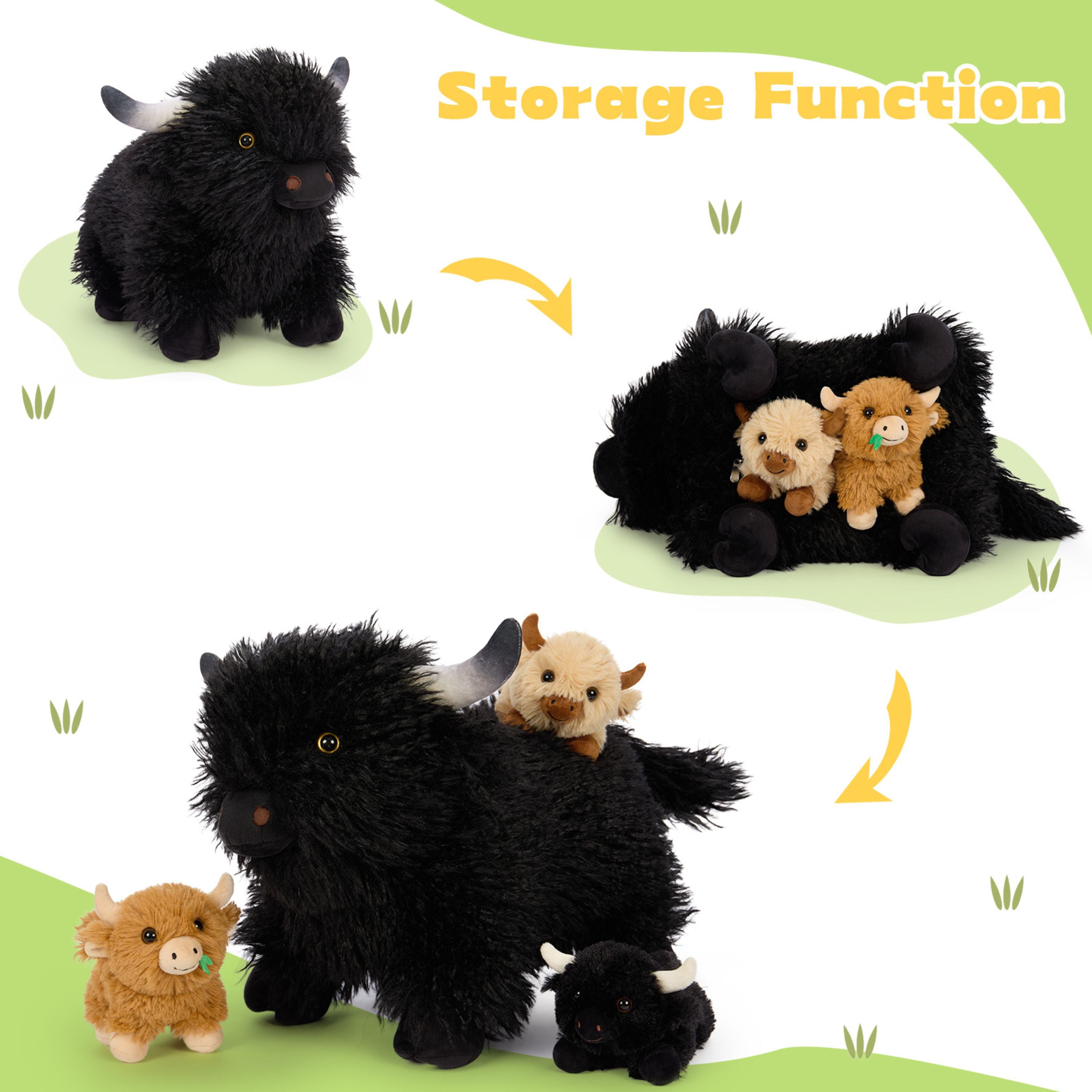 Muiteiur 4Pcs Highland Cow Stuffed Animal 21.6'' Giant Cow Plush with 3 Babies Inside