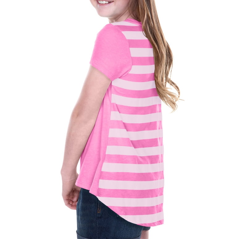 Kavio Big Girls 716 Striped Jersey Contrast Back High Low Short Sleeve
