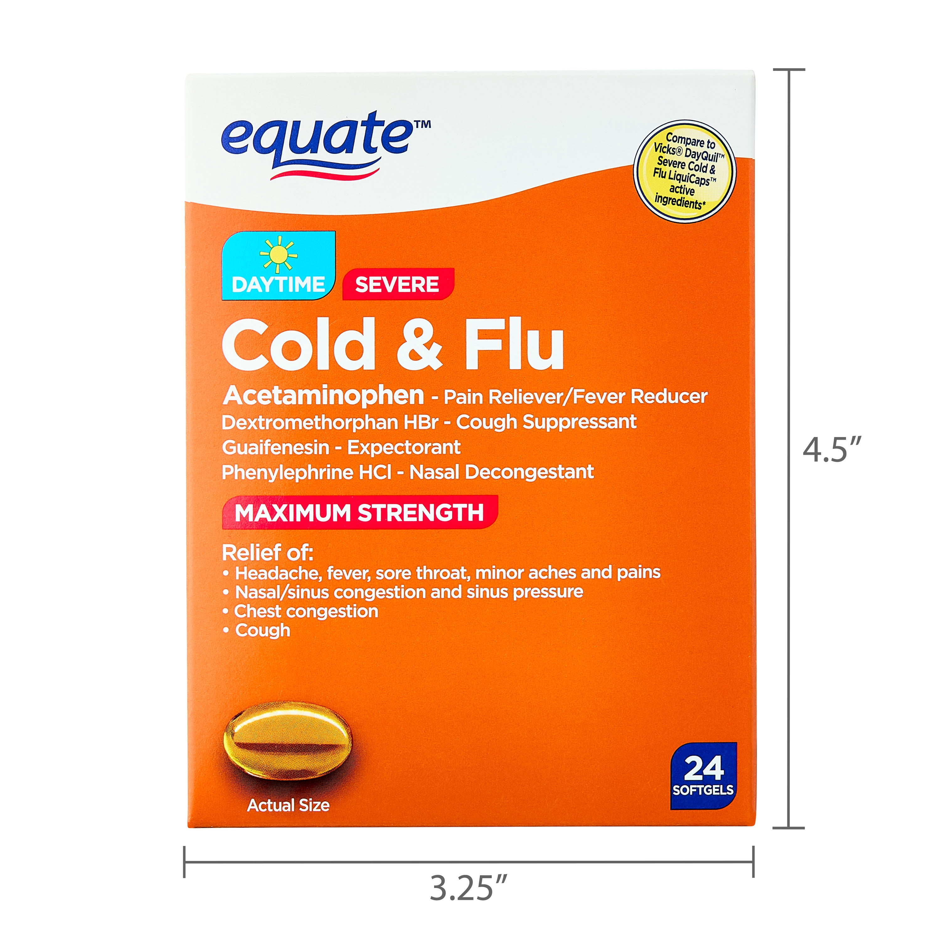 Equate Non Drowsy Daytime Severe Cold & Flu Softgels, Maximum Strength, 24 Count
